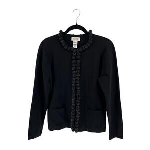 Talbots Women's Cropped Black Cardigan with Pom Pom Trim - Size L - Holiday